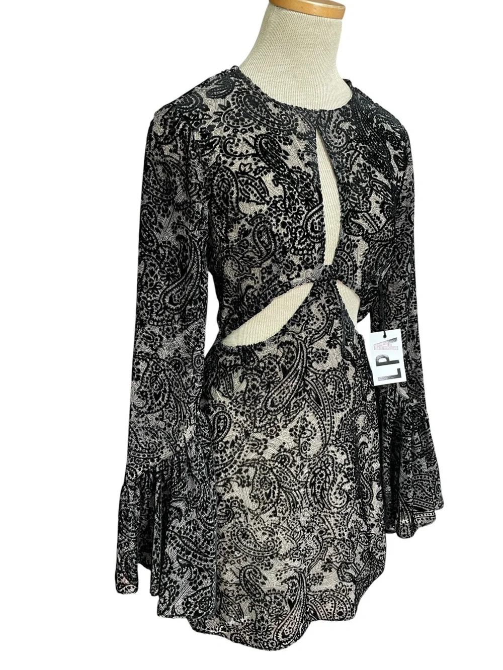 LPA Revolve Dress Cut Outs Bell Sleeves Black Paisley NWT Size XS